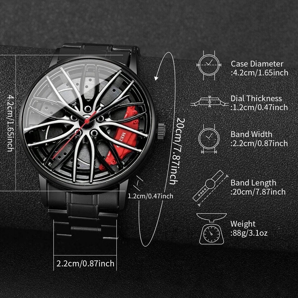 Orologio Sportivo Uomo 3D Ruota Auto con Collana, Cinturino Acciaio Inossidabile