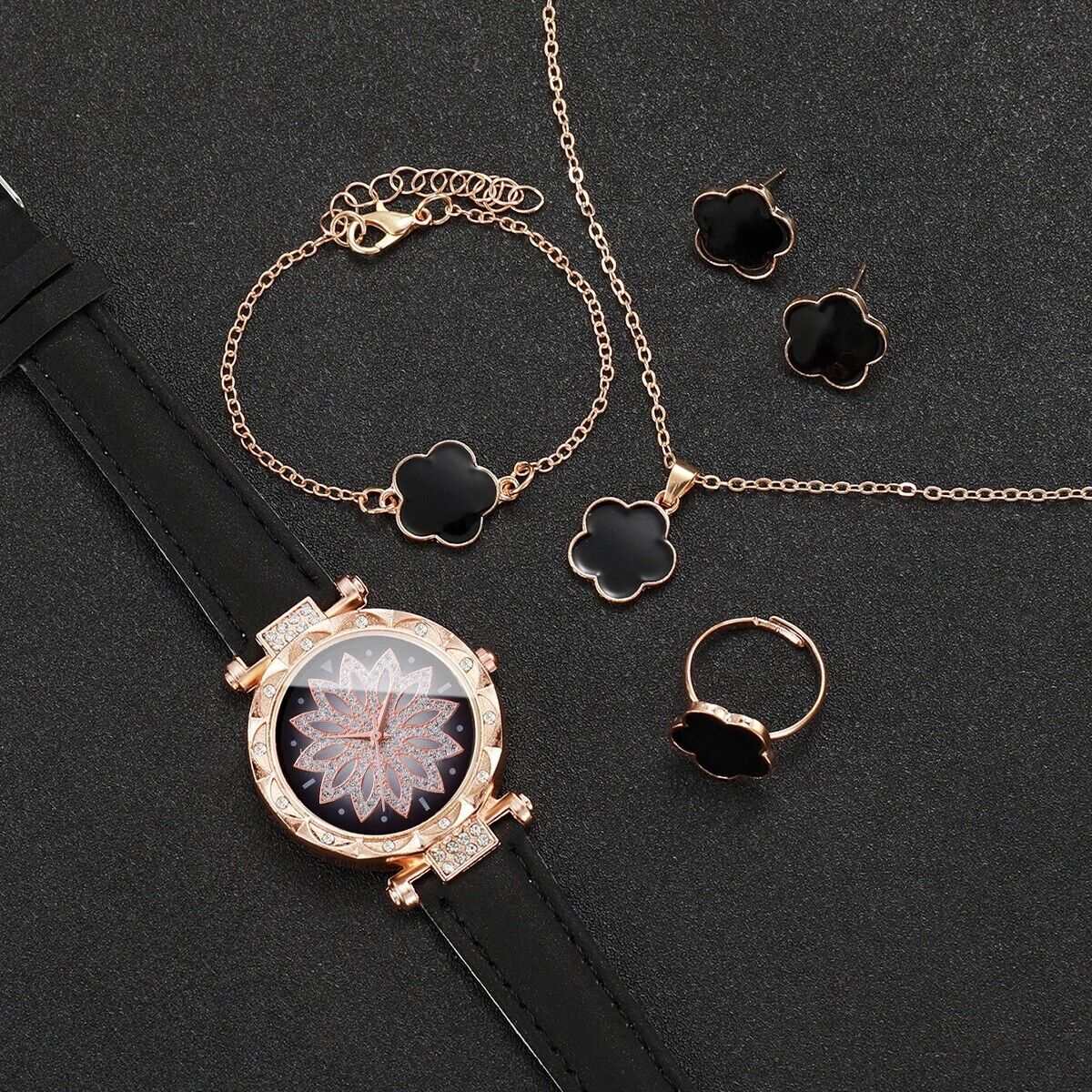 Set Orologio Donna Fiori + Gioielli in Pelle - Orologio al Quarzo, Elegante