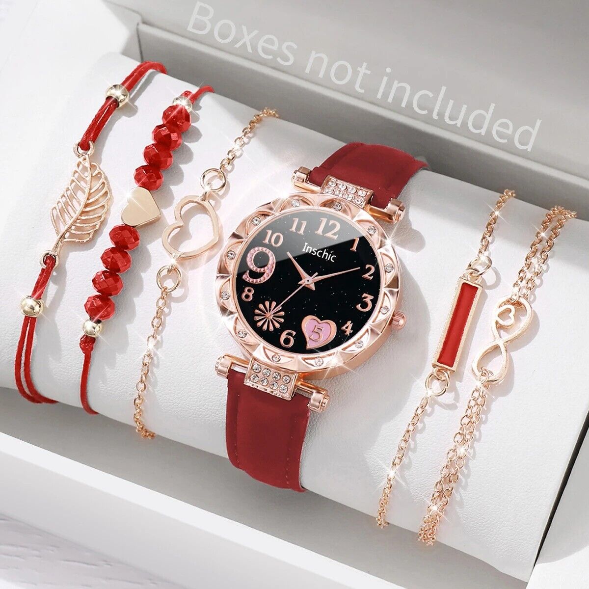 Set 6 Pz Orologio Donna Cuore Strass Quarzo Pelle + 5 Braccialetti Foglia