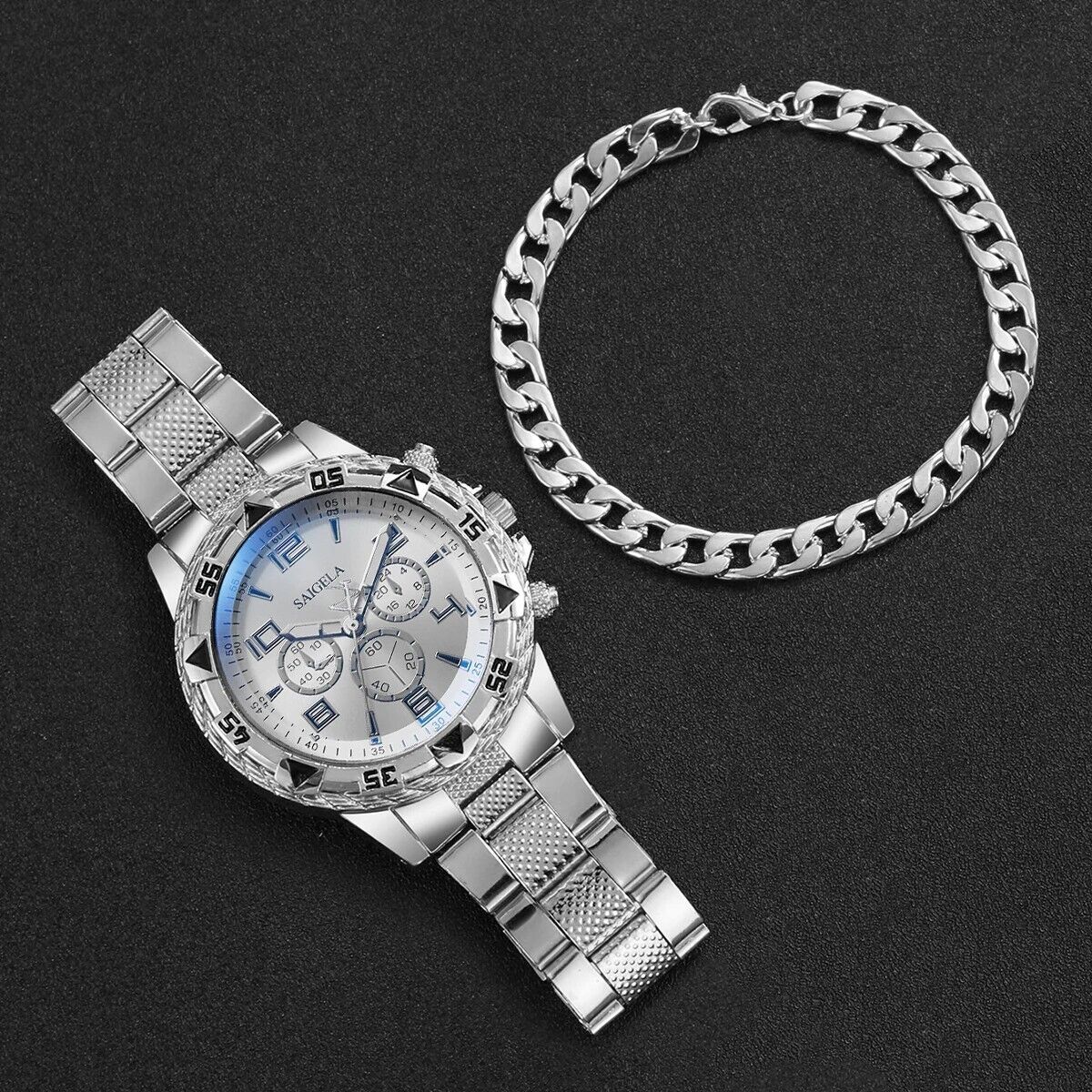 Orologio Uomo al Quarzo Lusso Acciaio Inossidabile + Braccialetto, Set 2 Pezzi