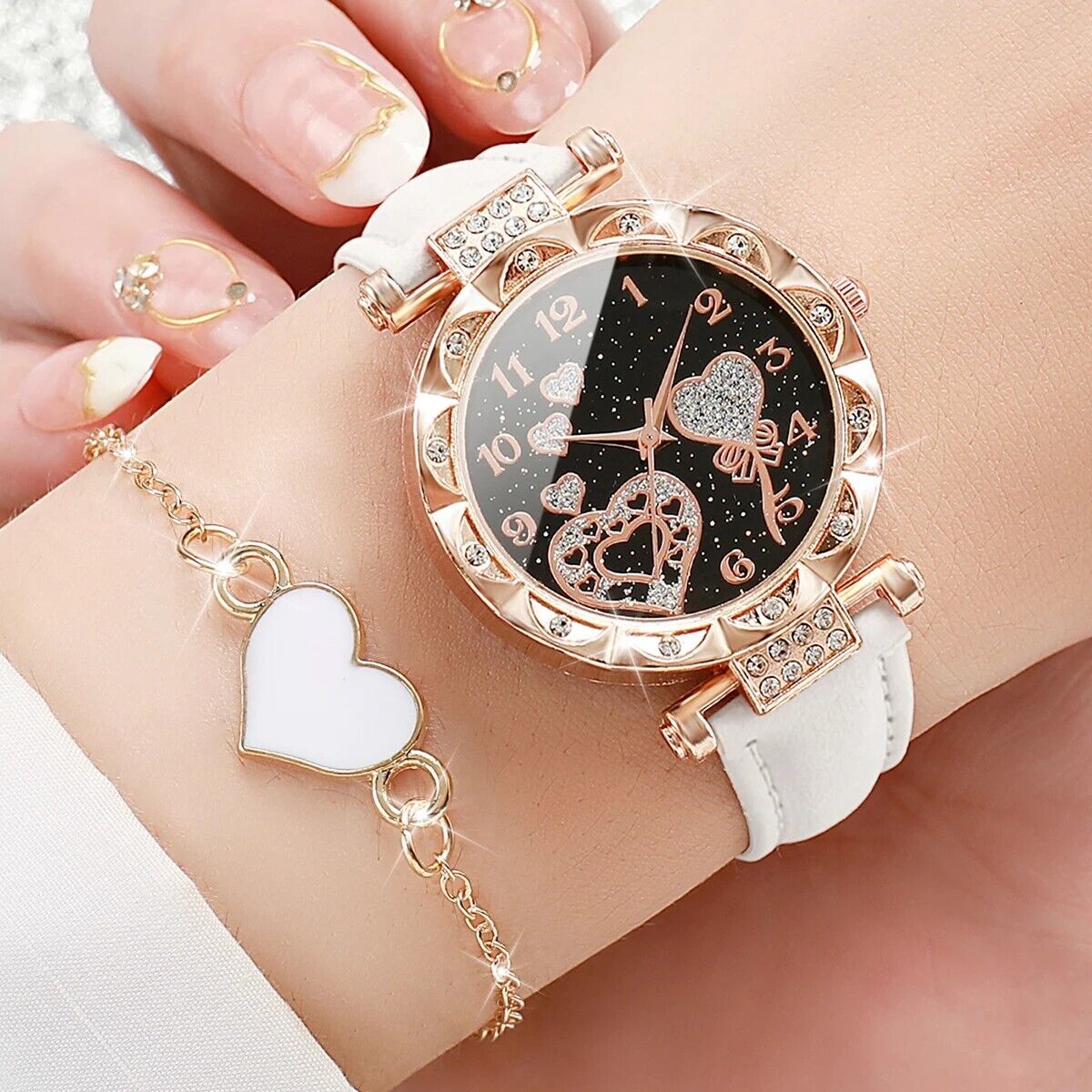 Set 6 Braccialetti Orologi Quarzo Cuore Strass Donna, 3 Orologi + 3 Bracciali