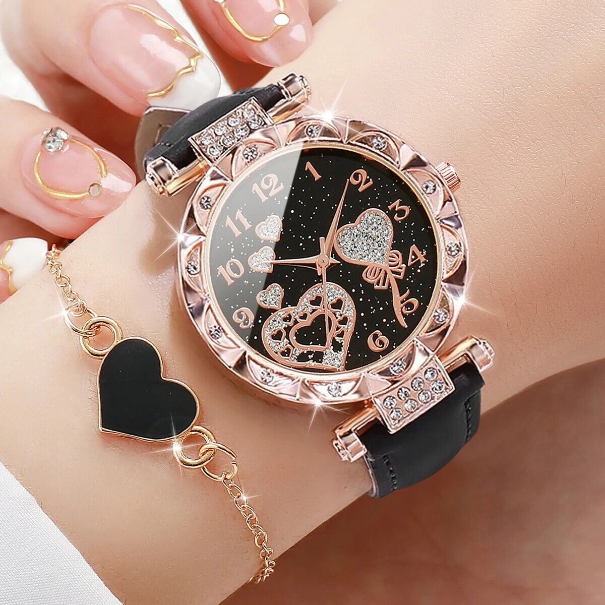 Set 6 Braccialetti Orologi Quarzo Cuore Strass Donna, 3 Orologi + 3 Bracciali