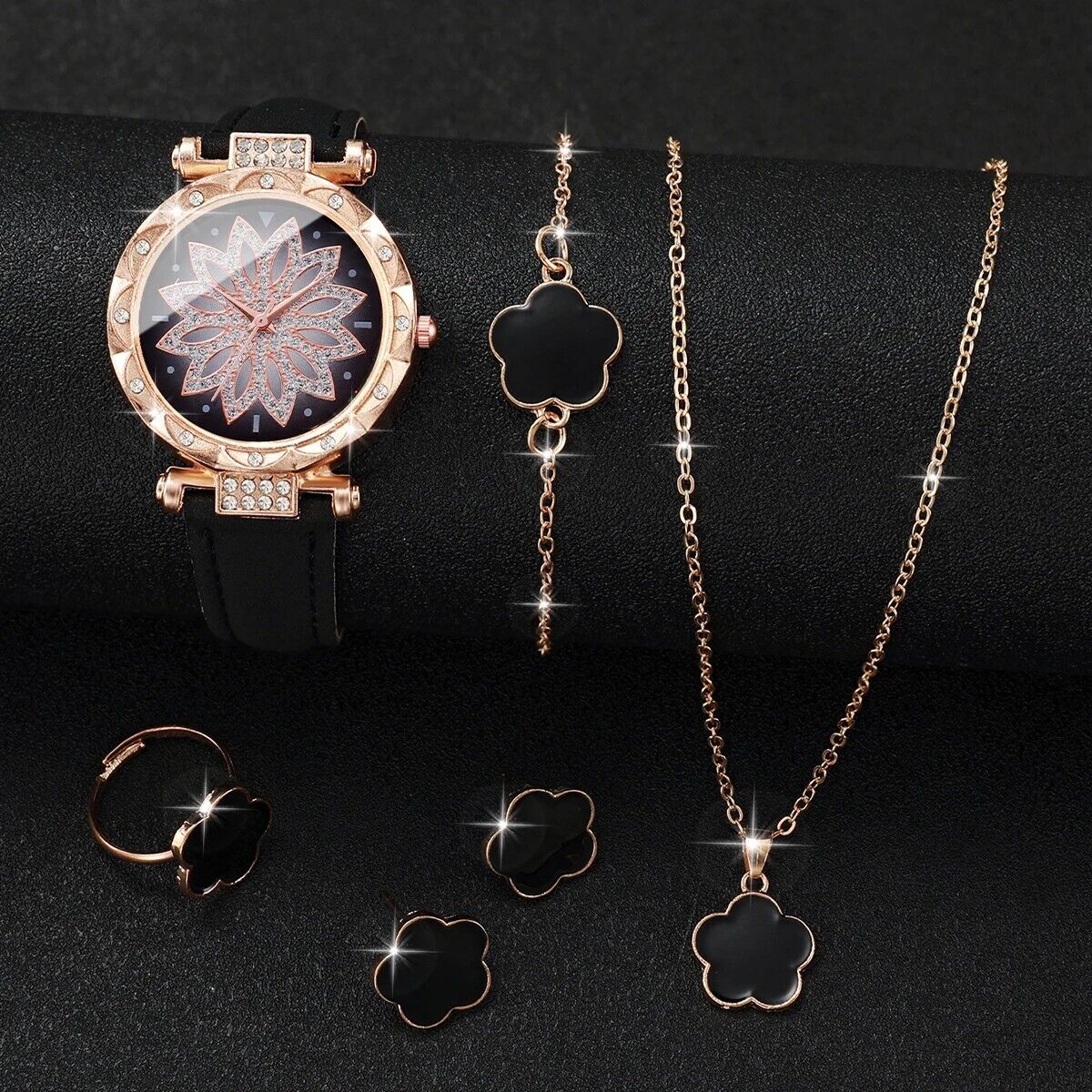 Set Orologio Donna Fiori + Gioielli in Pelle - Orologio al Quarzo, Elegante