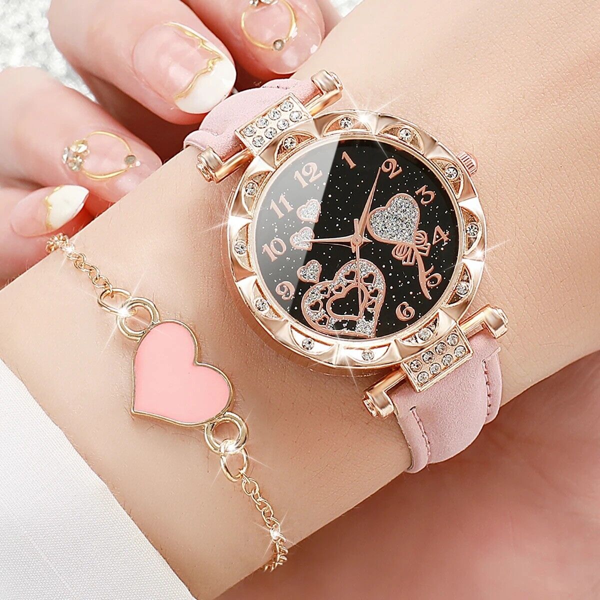 Set 6 Braccialetti Orologi Quarzo Cuore Strass Donna, 3 Orologi + 3 Bracciali