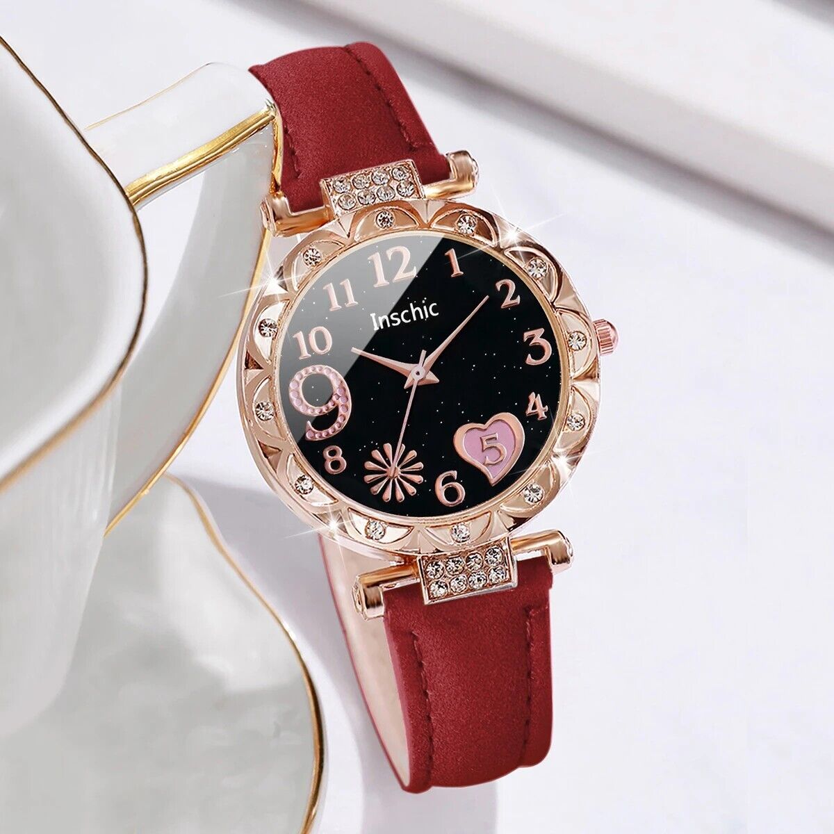 Set 6 Pz Orologio Donna Cuore Strass Quarzo Pelle + 5 Braccialetti Foglia