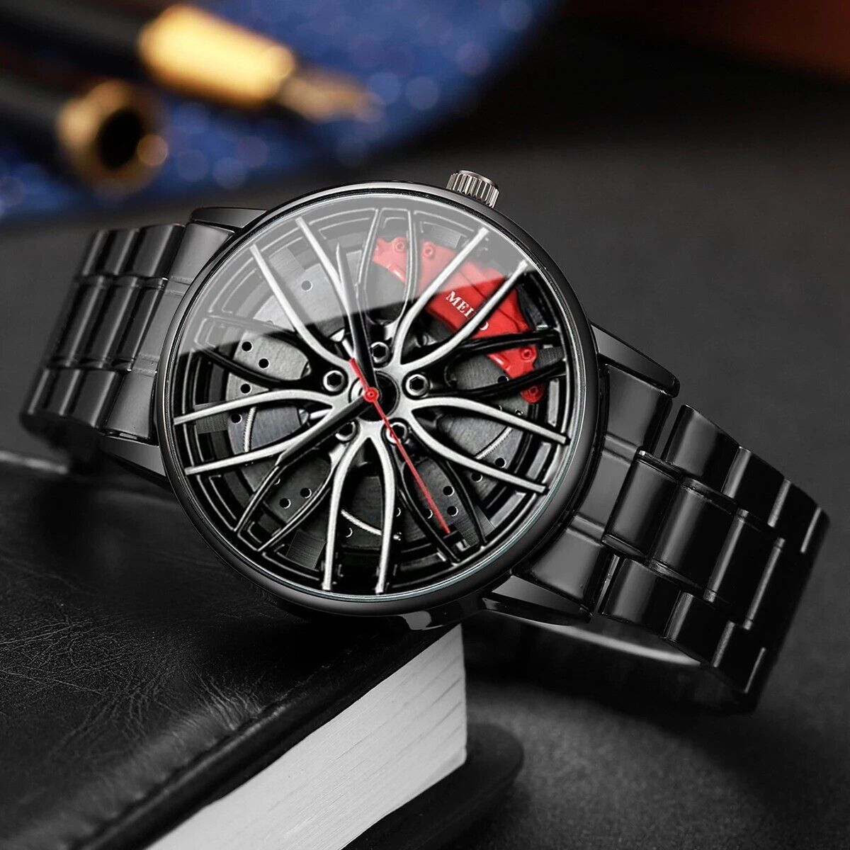 Orologio Sportivo Uomo 3D Ruota Auto con Collana, Cinturino Acciaio Inossidabile