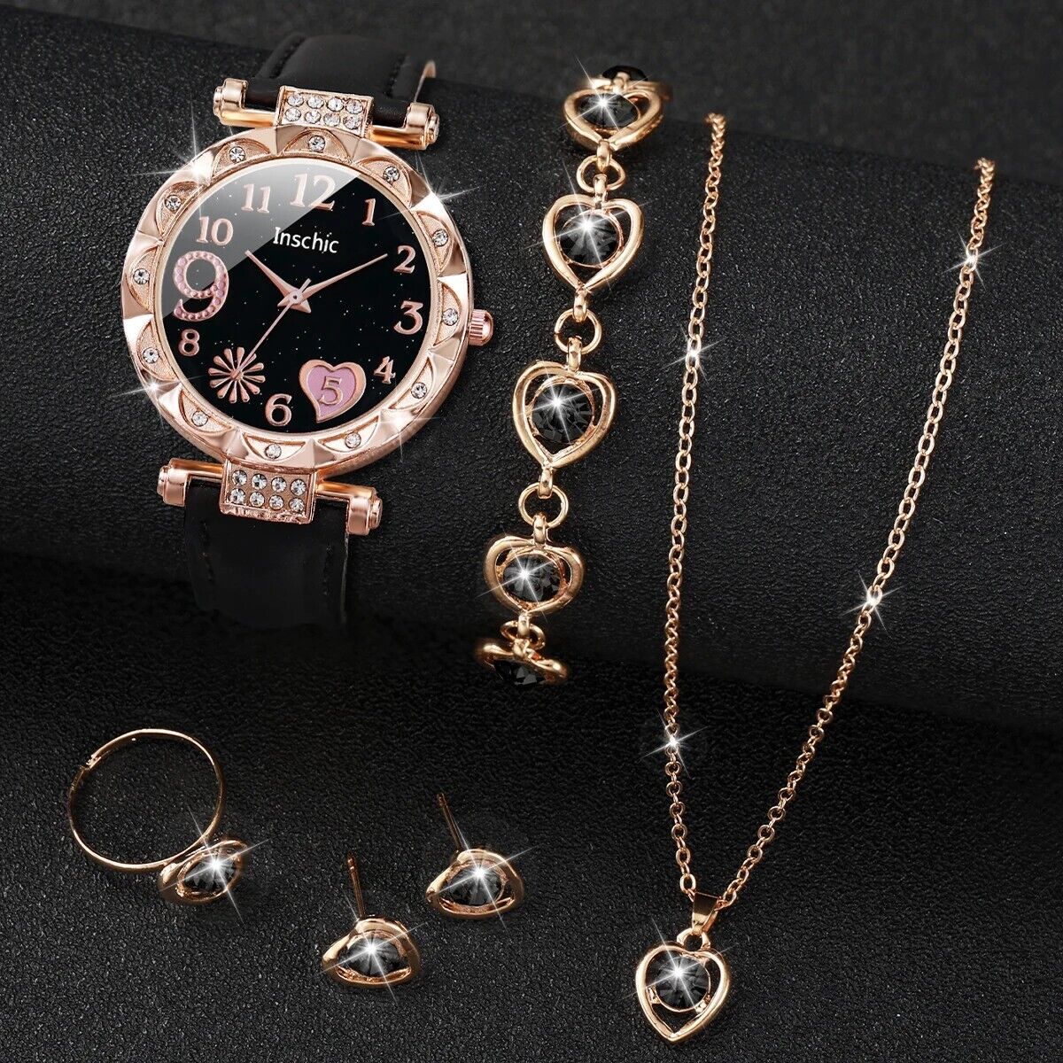 Set Orologio Donna con Cuore, Bracciale, Collana e Orecchini - Orologio al Quarz